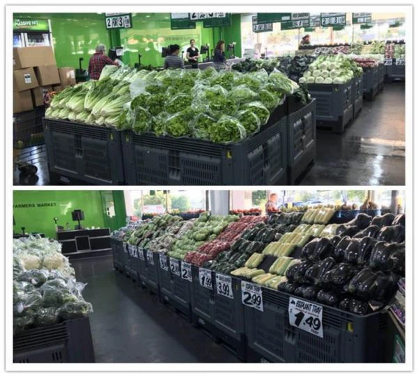 Euro plastic pallet box displaying vegetables in supeimarket Euro plastic pallet box displaying vegetables in supeimarket